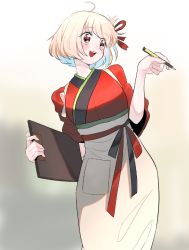 Rule 34 | 1girl, ahoge, apron, blonde hair, blush, commentary request, cowboy shot, frogsnake, hair ribbon, happy, holding, holding pen, japanese clothes, kimono, looking to the side, lycoris recoil, nishikigi chisato, open mouth, pen, red eyes, red kimono, red ribbon, ribbon, round teeth, short hair, smile, solo, standing, teeth, tongue, upper teeth only, white apron