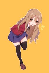 Rule 34 | 1girl, aisaka taiga, black thighhighs, blue skirt, blush, brown eyes, brown footwear, brown hair, full body, highres, iroha (pcrx7327), jacket, long hair, long sleeves, looking at viewer, oohashi high school uniform, open mouth, red jacket, school uniform, shoes, simple background, skirt, solo, standing, standing on one leg, thighhighs, toradora!, yellow background