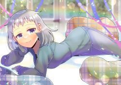 Rule 34 | 1girl, blurry, blurry background, closed mouth, commentary request, commission, depth of field, forehead, grey eyes, grey hair, grey jacket, grey pants, jacket, kou hiyoyo, long sleeves, looking at viewer, lying, on stomach, original, pants, plaid pillow, skeb commission, sleeves past wrists, smile, solo