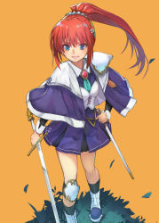 Rule 34 | 1girl, black socks, blue eyes, capelet, dress, flower, full body, grass, hair flower, hair ornament, hide (hideout), highres, holding, holding sword, holding weapon, knee pads, long hair, long sleeves, looking at viewer, orange background, original, parted lips, ponytail, purple capelet, purple dress, red hair, simple background, smile, socks, solo, standing, sword, vest, weapon, white flower, white footwear, white vest