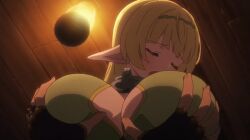 Rule 34 | 1boy, 1girl, animated, animated gif, anime screenshot, blonde hair, blush, breasts, cleavage cutout, clothing cutout, collar, diablo (isekai maou), dot nose, elf, fingerless gloves, gloves, grabbing another&#039;s breast, green eyes, groping, groping breast, huge breasts, isekai maou to shoukan shoujo no dorei majutsu, kaneko shizue, metal collar, open mouth, pointy ears, shera l. greenwood, sidelocks, slave