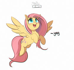Rule 34 | 1girl, blush, cutie mark, english text, feathered wings, fluttershy, full body, green eyes, grey background, inkypuso, long hair, looking up, my little pony, my little pony: friendship is magic, open mouth, pegasus, pink hair, simple background, solo, wings, yellow fur, yellow wings
