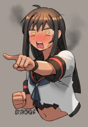 Rule 34 | 1girl, alternate hairstyle, black hair, black skirt, blush, clenched hand, cropped torso, crying, ergot, fubuki (kancolle), fubuki kai ni (kancolle), green eyes, grey background, hair down, jewelry, kantai collection, open mouth, pointing, ring, sailor collar, school uniform, serafuku, short sleeves, signature, simple background, skirt, smoke, solo, tears, teeth, torn clothes, upper body, upper teeth only, wedding ring