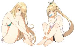 Rule 34 | 1girl, absurdres, aqua bikini, bad id, bad pixiv id, bare legs, barefoot, bikini, black panties, blonde hair, blush, breasts, chinese commentary, cleavage, collarbone, crossed ankles, feet, food, from side, full body, goumudan, highres, hugging own legs, large breasts, long hair, looking at viewer, mouth hold, multiple views, mythra (xenoblade), nintendo, own hands together, panties, ponytail, popsicle, side-tie bikini bottom, sideboob, sidelocks, simple background, sitting, soles, strap slip, sweat, swept bangs, swimsuit, tank top, toes, underwear, very long hair, white background, xenoblade chronicles (series), xenoblade chronicles 2, yellow eyes