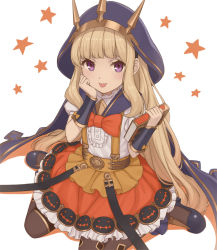 Rule 34 | 10s, 1girl, :p, asymmetrical legwear, blonde hair, book, bow, cagliostro (granblue fantasy), cagliostro (halloween) (granblue fantasy), cape, crown, frills, granblue fantasy, hairband, hand on own cheek, hand on own face, jack-o&#039;-lantern, long hair, looking at viewer, mismatched legwear, nananichi, open mouth, purple eyes, sidelocks, sitting, skirt, smile, solo, star (symbol), suspenders, thighhighs, tongue, tongue out, very long hair, wariza