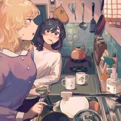 Rule 34 | 2girls, black hair, blonde hair, bottle, brown eyes, checkered wall, commentary request, cup, door, faucet, frying pan, highres, holding, holding spoon, indoors, jar, kitchen, long hair, long sleeves, looking at another, maribel hearn, mug, multiple girls, mushiao, open mouth, oven mitts, plate, profile, purple shirt, scissors, shirt, sideways mouth, sink, soap dispenser, spatula, spoon, stove, sweatdrop, teapot, touhou, towel, upper body, usami renko, utensil in mouth, white shirt