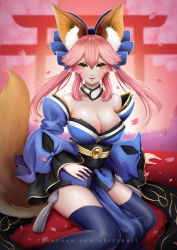 Rule 34 | 1girl, animal ears, blue thighhighs, blush, breasts, brown eyes, chizza, cleavage, eyebrows, facebook username, fate/grand order, fate (series), fox ears, fox tail, highres, huge breasts, long hair, looking at viewer, parted lips, petals, pink hair, sitting, smile, solo, tail, tamamo no mae (fate/extra), thighhighs, torii, twintails, watermark, web address