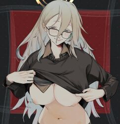 Rule 34 | 1girl, akane (blue archive), blue archive, blush, breasts, cardigan, cardigan lift, clothes lift, glasses, highres, kawatiw, large breasts, lifted by self, navel, no bra, shirt, shirt lift, smile, solo, stomach