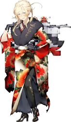 Rule 34 | 1girl, akira (kadokawa), black legwear, blonde hair, blue eyes, boots, cross-laced footwear, floral print, flower, full body, gloves, japanese clothes, kantai collection, kimono, lace-up boots, looking at viewer, machinery, mole, mole under eye, richelieu (kancolle), solo, torn clothes, torn kimono, torn legwear, transparent background