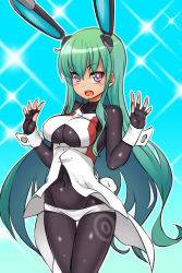 Rule 34 | 1girl, :d, animal ears, aqua background, black bodysuit, blush, bodysuit, bodysuit under clothes, borrowed character, breasts, coat, cowboy shot, fake animal ears, fingerless gloves, fukurou (owl222), gloves, green hair, hair ornament, highres, large breasts, long hair, looking at viewer, mechanical ears, menou kaname (taishi), open clothes, open coat, open mouth, original, panties, purple eyes, rabbit ears, smile, solo, sparkle, standing, underwear, very long hair, white panties, wrist cuffs, wristband