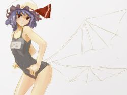 Rule 34 | 1girl, bad id, bad pixiv id, bare shoulders, bat wings, blue hair, female focus, flat chest, hat, highres, kai (kai 013), low wings, one-piece swimsuit, red eyes, remilia scarlet, school swimsuit, short hair, sketch, solo, swimsuit, touhou, wings