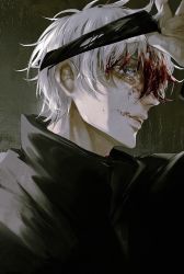 Rule 34 | 1boy, arm up, bags under eyes, blindfold, blindfold lift, blood, blood in hair, blood on face, blue eyes, dos (dos 1013), eyelashes, gojou satoru, grey background, hair over eyes, half-closed eyes, hand up, high collar, highres, jacket, jujutsu kaisen, male focus, messy hair, parted lips, portrait, short hair, simple background, solo, teeth, white hair