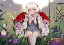 Rule 34 | 1girl, absurdres, bad id, bad pixiv id, bandaged leg, bandages, blush, chair, closed mouth, commentary request, dokomon, dress, flower, girls&#039; frontline, grey dress, grey eyes, grey hair, grey nails, hair between eyes, hands up, highres, korean commentary, long hair, looking at viewer, nail polish, on chair, pink flower, pink rose, purple flower, red flower, red rose, ribeyrolles (girls&#039; frontline), rose, short sleeves, sitting, smile, solo, thick eyebrows, very long hair, white flower, white rose, wide sleeves