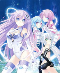 Rule 34 | 4girls, absurdres, back, bare shoulders, binary, black gloves, black sister, blue background, blue eyes, blue hair, blunt bangs, blush, bodysuit, breasts, breasts apart, bright pupils, building, butt crack, choujijigen game neptune re;birth 2, cleavage, cleavage cutout, clothing cutout, cowboy shot, detached collar, drill hair, elbow gloves, emblem, from side, gloves, glowing, green eyes, hair between eyes, hair ornament, halterneck, hand on own chest, hand on own hip, highres, holding hands, interlocked fingers, legs apart, leotard, long hair, looking at viewer, looking back, medium breasts, multiple girls, nepgear, neptune (series), official art, one eye closed, open mouth, parted bangs, pink eyes, pink hair, power symbol, power symbol-shaped pupils, purple hair, purple sister, ram (neptunia), revealing clothes, rom (neptunia), siblings, sisters, smile, sparkle, standing, symbol-shaped pupils, thighhighs, tsunako, uni (neptunia), very long hair, white gloves, white hair, white legwear, white sister ram, white sister rom