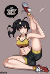 Rule 34 | 1girl, absurdres, araragi karen, ass, bakemonogatari, bare arms, bare shoulders, bike shorts, black eyes, black hair, breasts, brown background, cameltoe, collarbone, full body, highres, leg up, legs, long hair, looking at viewer, matching hair/eyes, medium breasts, midriff, monogatari (series), navel, open mouth, ponytail, shoes, simple background, sneakers, solo, speech bubble, sports bra, teeth, text focus, the accel, tongue, upper teeth only