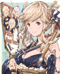 Rule 34 | &gt; &lt;, . ., 1girl, ahoge, alternate costume, bad id, bad pixiv id, blonde hair, blue eyes, calligraphy brush, cucouroux (granblue fantasy), draph, granblue fantasy, hagoita, hair ribbon, highres, horns, japanese clothes, kumuyu, milli little, new year, paddle, paintbrush, ribbon, silva (granblue fantasy), silver hair, smile, solo, sparkle, twintails