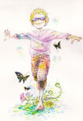 Rule 34 | 1boy, aged down, barefoot, blonde hair, bubble, bug, butterfly, child, donquixote doflamingo, flower, insect, male focus, mawari28, on grass, one piece, outstretched arms, pink shirt, plant, running, shirt, short hair, smile, solo focus, sunglasses, traditional media
