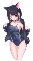 Rule 34 | 1girl, animal ears, bare shoulders, black choker, black hair, black jacket, black one-piece swimsuit, blue archive, blush, breasts, cat ears, choker, closed mouth, collarbone, colored eyelashes, commentary request, competition swimsuit, covered navel, cropped legs, gluteal fold, halo, highres, jacket, kazusa (blue archive), long sleeves, looking at viewer, multicolored hair, off shoulder, one-piece swimsuit, open clothes, open jacket, pink hair, puffy long sleeves, puffy sleeves, purple eyes, rumiya9i, simple background, sleeves past wrists, small breasts, solo, sweat, swimsuit, swimsuit under clothes, thigh gap, two-tone hair, white background