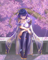 Rule 34 | 1girl, ankle flower, anmochi one, bench, braid, breast press, breasts, bridal gauntlets, cherry blossoms, choker, cleavage, commentary request, crossed arms, flower, full body, genshin impact, hair flower, hair ornament, hair tie, highres, japanese clothes, kimono, korean commentary, large breasts, legs together, long hair, looking down, mitsudomoe (shape), mole, nail polish, obi, obiage, obijime, off shoulder, outdoors, petals, purple eyes, purple flower, purple hair, purple kimono, purple nails, purple thighhighs, raiden shogun, red ribbon, ribbon, ribbon choker, sad, sandals, sash, shrug (clothing), sitting, solo, stone bench, tassel, thighhighs, tomoe (symbol), tree, very long hair