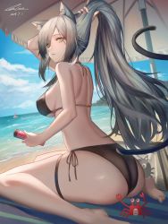 Rule 34 | 1girl, absurdres, animal ear fluff, animal ears, arknights, arm up, ass, ass cutout, back, bad id, bad twitter id, bare arms, bare shoulders, barefoot, beach, beach umbrella, bikini, black bikini, breasts, bunching hair, cat ears, cat girl, cat tail, clothing cutout, covered erect nipples, crab, day, from behind, grey hair, halterneck, highres, ioriwu8, large breasts, legs, long hair, looking at viewer, looking back, ocean, outdoors, parted lips, schwarz (arknights), shoulder blades, side-tie bikini bottom, sitting, sky, solo, strap gap, string bikini, sweatdrop, swimsuit, tail, thigh strap, thighs, umbrella, very long hair, wariza, yellow eyes