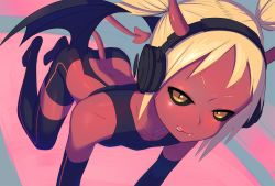 Rule 34 | 1girl, :p, all fours, ass, bike shorts, black sclera, blonde hair, breasts, colored sclera, colored skin, demon girl, demon tail, demon wings, fang, female focus, headphones, red skin, slit pupils, small breasts, solo, tail, tongue, tongue out, uni ponsuka, wings, yellow eyes