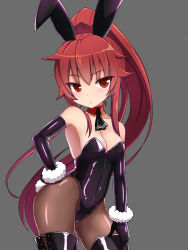 Rule 34 | 1girl, animal ears, ascot, black ascot, black gloves, black leotard, black pantyhose, breasts, brown thighhighs, cowboy shot, detached collar, elbow gloves, elesis (elsword), elsword, fake animal ears, gloves, grey background, hand on own hip, leotard, long hair, looking at viewer, medium breasts, pantyhose, playboy bunny, ponytail, rabbit ears, rabbit tail, red eyes, red hair, scrunchie, solo, standing, strapless, strapless leotard, tail, thighhighs, white scrunchie, wrist scrunchie, zetsuei (zetto)