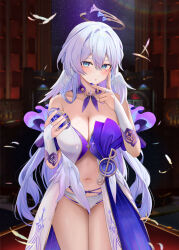 Rule 34 | 1girl, :o, blue dress, blue eyes, blue hair, blue nails, breasts, bridal gauntlets, brown halo, cleavage, commentary request, dress, fingernails, halo, head wings, highres, holding, honkai: star rail, honkai (series), indoors, jewel under eye, large breasts, long hair, looking at viewer, musical note ornament, nail polish, navel, robin (honkai: star rail), ru zhai, solo, standing, thighs, two-tone dress, white dress, wings