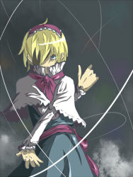 Rule 34 | 1girl, alice margatroid, belt, blonde hair, blue dress, capelet, cowboy shot, crossed arms, dress, female focus, grey background, haruichi (komikal), haruichi (sazanami complex), long sleeves, looking at viewer, simple background, solo, string, touhou, turtleneck