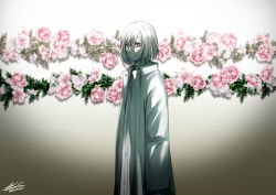 Rule 34 | 1boy, akudama drive, closed mouth, coat, cutthroat (akudama drive), dated, flower, from side, gradient background, green background, highres, long sleeves, mole, mole under eye, open clothes, open coat, pale skin, pink eyes, pink flower, short hair, signature, so (s field93870), solo, white hair