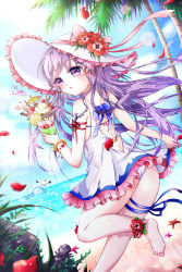 Rule 34 | 10s, 1girl, 2015, ankle flower, anklet, ass, backless dress, backless outfit, bangle, bare legs, bare shoulders, barefoot, beach, bikini, bikini under clothes, bird, blue ribbon, blush, bow, bracelet, character request, cherry, chocolate syrup, cocktail umbrella, cup, danby merong, dated, day, dress, drinking glass, dutch angle, floating hair, flower, food, frilled dress, frilled hat, frills, from behind, fruit, hat, hat bow, hat flower, hat ribbon, hibiscus, highres, holding, horizon, jewelry, leg ribbon, lemon, lemon slice, lens flare, light smile, long hair, looking at viewer, looking back, ocean, octopus, open mouth, outdoors, palm tree, parfait, parted lips, petals, pink ribbon, pintail (sword girls), purple eyes, purple hair, ribbon, rock, running, seagull, short dress, signature, sky, sleeveless, sleeveless dress, solo, starfish, strawberry, sun hat, sunlight, swimsuit, swimsuit under clothes, sword girls, thigh ribbon, tree, wafer, wafer stick, whale, whipped cream, wristband