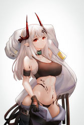 Rule 34 | 1girl, absurdres, arknights, arm up, bare shoulders, black collar, black gloves, black panties, breasts, cleavage, collar, collarbone, commentary request, cowboy shot, crop top, gloves, grey background, highres, horns, large breasts, liu liaoliao, long hair, long sleeves, material growth, midriff, mudrock (arknights), mudrock (elite ii) (arknights), navel, oripathy lesion (arknights), panties, pointy ears, red eyes, sarashi, sidelocks, silver hair, solo, sports bra, standing, stomach, underwear