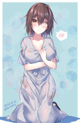 Rule 34 | 1girl, blue background, brown hair, burnt clothes, commentary request, dated, dress, full body, furutaka (kancolle), glowing, glowing eye, grey dress, heterochromia, kabocha torute, kantai collection, kneeling, official alternate costume, one-hour drawing challenge, short hair, solo, spoken blush, torn clothes, torn dress, wet, wet clothes, yellow eyes