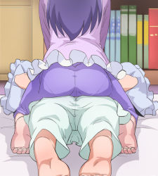 Rule 34 | 10s, 2girls, ass, ass-to-ass, barefoot, feet, from behind, happinesscharge precure!, haruyama kazunori, head out of frame, hikawa iona, hikawa maria, long hair, multiple girls, pajamas, pantylines, precure, purple hair, siblings, sisters, sitting, sitting on person, soles, straddling, toes