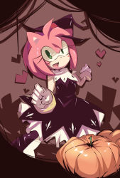 Rule 34 | 1girl, alternate costume, amy rose, blush stickers, female focus, furry, furry female, gloves, green eyes, hairband, halloween, hat, heart, highres, msg01, no humans, open mouth, pumpkin, sega, solo, sonic (series), witch hat