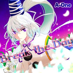 Rule 34 | 1girl, a-one, album cover, blue hat, blue skirt, circle name, closed mouth, cover, detached sleeves, english text, eyelashes, field, flower, flower field, frown, game cg, gradient sky, hat, hat ribbon, high ponytail, japanese clothes, kariginu, kuruizaki flower, long hair, long sleeves, looking at viewer, mononobe no futo, neck ribbon, official art, outdoors, pom pom (clothes), purple eyes, purple ribbon, purple sky, ribbon, skirt, sky, solo, star (sky), starry sky, sunset, tate eboshi, touhou, touhou cannonball, upper body, white hair, white petals, white ribbon, white sleeves