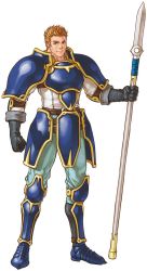 Rule 34 | 1boy, armor, armored boots, blonde hair, blue eyes, boots, fire emblem, fire emblem: path of radiance, fire emblem: radiant dawn, full body, gatrie, gloves, highres, kita senri, lance, male focus, nintendo, polearm, sabatons, simple background, solo, standing, weapon, white background