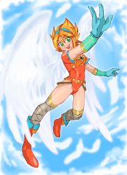 Rule 34 | 1girl, angel wings, armor, blonde hair, boots, breasts, breath of fire, breath of fire i, capcom, covered navel, full body, gloves, green eyes, hairband, leotard, medium breasts, nina (breath of fire i), onnaski, red leotard, short hair, skin tight, solo, thighhighs, white wings, wings