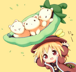 1girl :d =_= aikei_ake animal arms_up bag blonde_hair brown_background brown_coat brown_eyes brown_hat cat chibi closed_eyes closed_mouth coat commentary_request green_shirt hat long_sleeves open_clothes open_coat open_mouth original pea_pod puffy_long_sleeves puffy_sleeves shirt simple_background smile solo