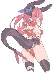 Rule 34 | 10s, 1girl, armor, ass, bikini, bikini armor, bikini pull, black thighhighs, blade (galaxist), blue eyes, blush, clothes pull, cowboy shot, cropped legs, curled horns, dragon tail, elizabeth bathory (brave) (fate), elizabeth bathory (fate), eyebrows, fate/extra, fate/extra ccc, fate/grand order, fate (series), flat chest, flying sweatdrops, from behind, hair ribbon, horns, long hair, looking at viewer, looking back, loose bikini, open mouth, pauldrons, pink hair, pointy ears, pulled by self, purple ribbon, red bikini, ribbon, shoulder armor, sidelocks, simple background, solo, string bikini, swimsuit, tail, thighhighs, tiara, two side up, white background