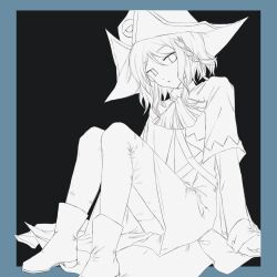 Rule 34 | 1girl, ascot, boots, cape, chinese commentary, commentary request, gas wf, greyscale, hair between eyes, hair ribbon, hat, long sleeves, monochrome, original, pants, parted lips, ribbon, short hair, simple background, sitting, solo, tight clothes, tight pants, tress ribbon