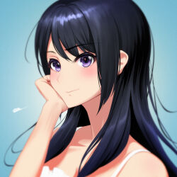 Rule 34 | 1girl, absurdres, black hair, blush, close-up, closed mouth, collarbone, commentary request, hand on own cheek, hand on own face, hibike! euphonium, highres, kousaka reina, long hair, natme24, portrait, purple eyes, smile, solo, upper body