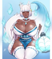 Rule 34 | 1girl, absurdres, airisubaka, animal ear fluff, animal ears, blue theme, bob cut, breasts, choker, cleavage, closed eyes, commentary, commission, covered erect nipples, curvy, dark-skinned female, dark skin, detached sleeves, ear piercing, esunami (bakeneko), fox ears, fox girl, fox tail, hand on own chest, highres, hitodama, huge breasts, jewelry, lantern, magatama, magatama necklace, mature female, necklace, original, paper lantern, pearl necklace, piercing, plump, signature, smile, solo, tail, thick thighs, thighs, white hair, wide hips