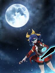 Rule 34 | 1girl, bike shorts under skirt, bracelet, card, duel academy uniform (yu-gi-oh! arc-v), duel disk, full moon, green eyes, hair between eyes, holding, holding card, jacket, jewelry, looking at viewer, moon, mujindao, night, night sky, open clothes, open jacket, playing card, ponytail, purple hair, red jacket, red skirt, serena (yu-gi-oh!), skirt, sky, solo, standing, star (sky), starry sky, yu-gi-oh!, yu-gi-oh! arc-v
