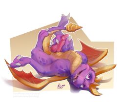 Rule 34 | animal penis, claws, cloaca, cum, dragon, dragon horns, dragon tail, dragon wings, furry, horns, karukuji, knot, lying, on back, penis, precum, simple background, smile, solo, spyro (series), spyro the dragon, tail, video game, wings