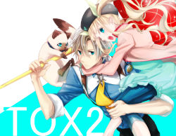 Rule 34 | 1boy, 1girl, animal, blue eyes, brown hair, carrying, cat, coat, dress, elle mel marta, grey hair, hat, jewelry, ludger will kresnik, rollo (tales), necklace, necktie, open mouth, pants, tales of (series), tales of xillia, tales of xillia 2, twintails