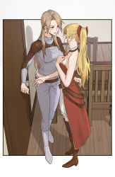 Rule 34 | 2girls, bare arms, bare shoulders, belt, black bow, black legwear, blonde hair, blush, boots, border, bow, breasts, brown belt, brown footwear, brown hair, chair, choker, cleavage, commentary request, couple, door, doorknob, dress, earrings, eye contact, full body, gem, granblue fantasy, grey pants, grey shirt, groin, hair bow, highres, indoors, jewelry, katalina (granblue fantasy), knee boots, long hair, looking at another, lower teeth only, medium breasts, midriff, midriff peek, miso-ha (ukyuu), multiple girls, outside border, pants, parted lips, ponytail, red bow, red dress, red eyes, red gemstone, shadow, shirt, short dress, sleeveless, standing, straight hair, strapless, strapless dress, sweatdrop, teeth, thighhighs, two-tone bow, two-tone dress, very long hair, vira (granblue fantasy), white border, white dress, wooden floor, yuri, zettai ryouiki
