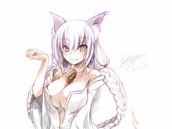 Rule 34 | 1girl, animal ears, braid, breasts, brown eyes, cat ears, cleavage, dated, image sample, large breasts, original, signature, simple background, solo, twin braids, white hair, zerion