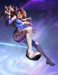 Rule 34 | 1girl, ;), abstract background, animal print, artist name, bodysuit, breasts, brown eyes, brown hair, caesty, chromatic aberration, clothes writing, d.va (overwatch), facepaint, facial mark, foreshortening, full body, gloves, headphones, high collar, long hair, looking at viewer, medium breasts, one eye closed, overwatch, overwatch 1, pilot suit, purple background, rabbit print, ribbed bodysuit, shoulder pads, signature, skin tight, smile, solo, swept bangs, v, watermark, web address, whisker markings, white gloves