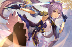 Rule 34 | 1girl, ass, bare shoulders, black pantyhose, bow, braid, breasts, double bun, dress, frilled dress, frilled skirt, frilled sleeves, frills, genshin impact, gloves, hair bow, hair bun, hair ornament, hairclip, holding, holding sword, holding weapon, keqing (genshin impact), long hair, looking at viewer, okura shito, pantyhose, purple eyes, purple gloves, purple hair, salute, skirt, smile, sword, twintails, two-finger salute, upskirt, weapon
