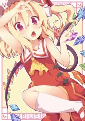 Rule 34 | 1girl, adapted costume, ascot, blonde hair, chestnut mouth, dress, fang, fighting stance, flandre scarlet, hat, hat ribbon, kan lee, mob cap, red dress, red eyes, ribbon, side ponytail, sleeveless, sleeveless dress, solo, touhou, wings